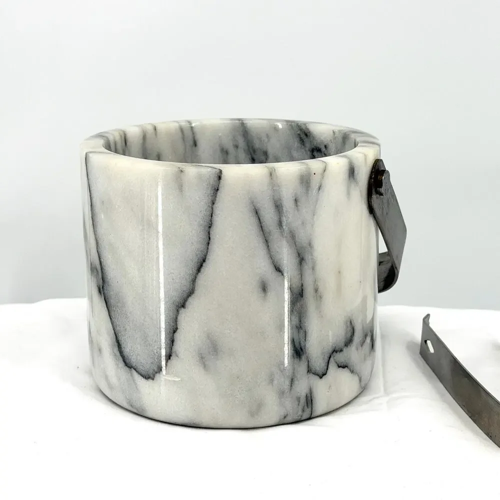 Vintage 70s White Grey Solid Marble Hollywood Regency Heavy Barware Ice Bucket